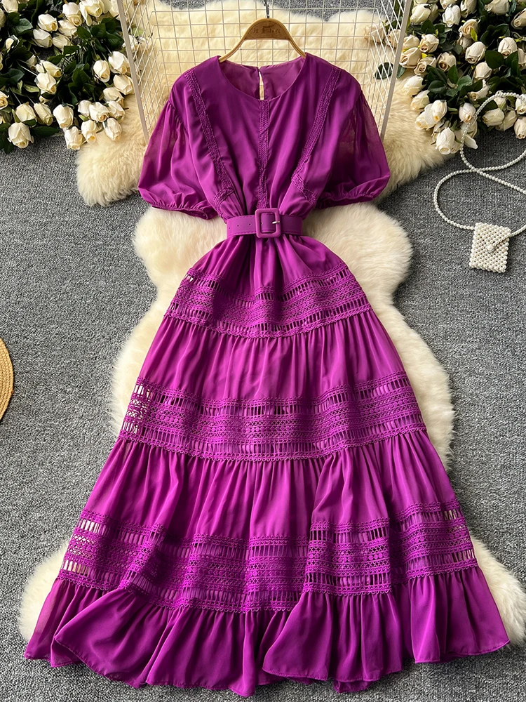 

Summer French Retro Big Swing Dress for Women New Chiffon Round Neck Lace Waist Cinching A-line Vacation Dress Female C116