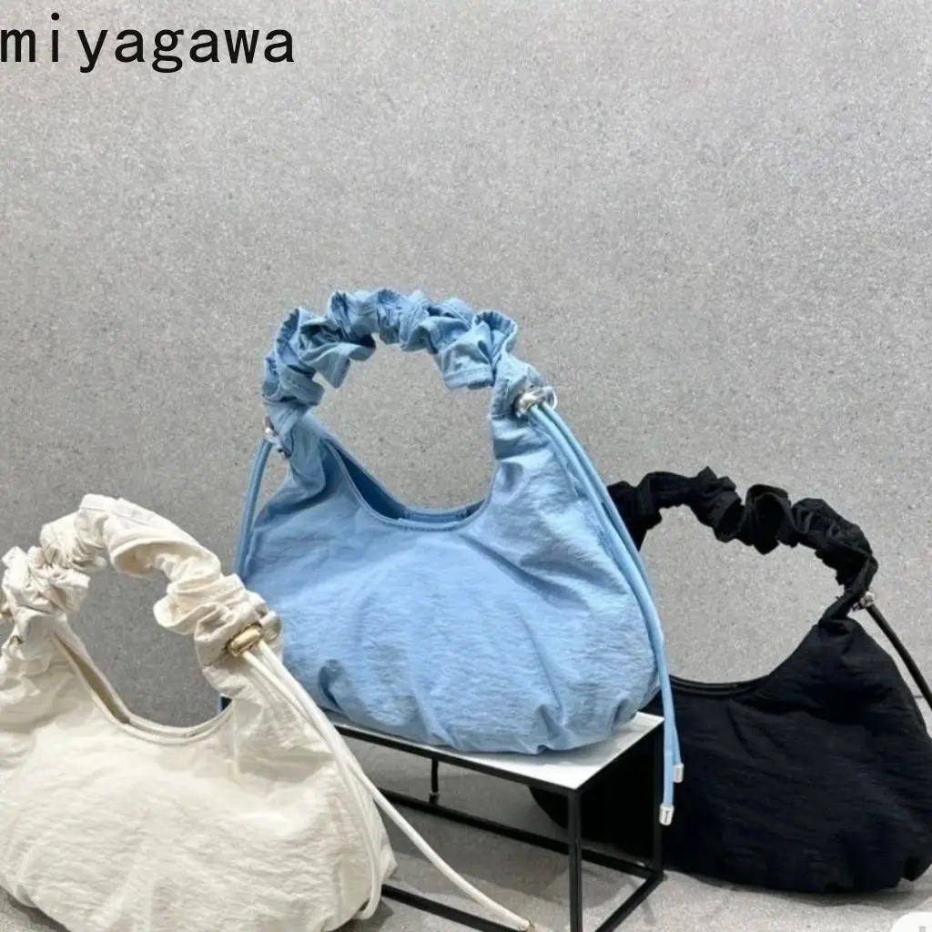 Miyagawa-Bolso de hombro plegable con cordón para mujer, bolsa de lona de gran capacidad, informal, versátil, Color sólido