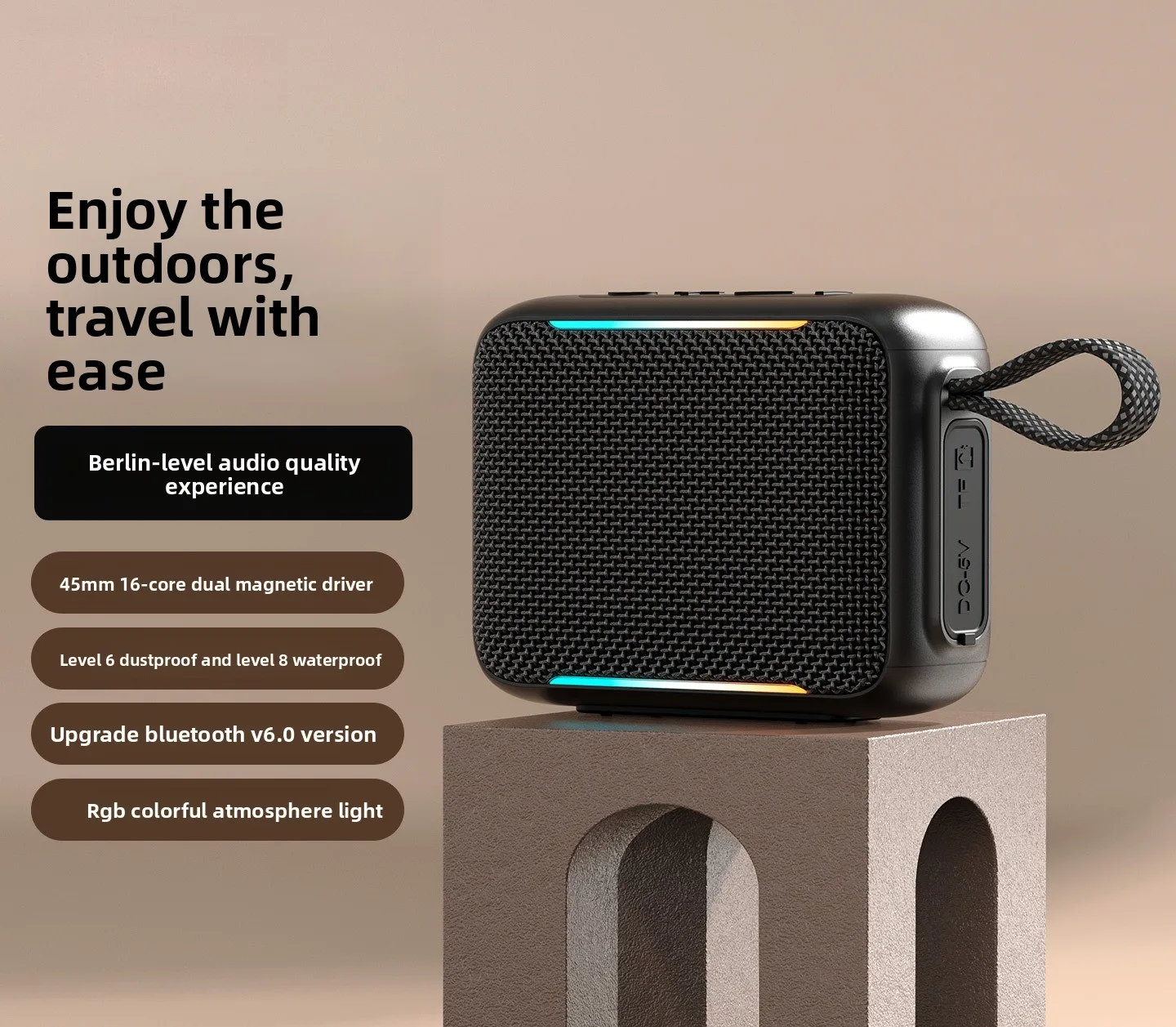 New Outdoor Waterproof Portable Bluetooth Bass Speaker IPX7 LED Light Multi-Function Key TWS Pairing Long Battery Life