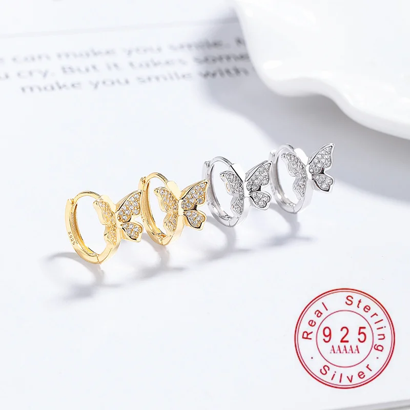 

925 Sterling Silver Butterfly CZ Huggie Hoop Earrings, Pave Cubic Zirconia Butterfly Earrings, Fashion Jewelry for Women