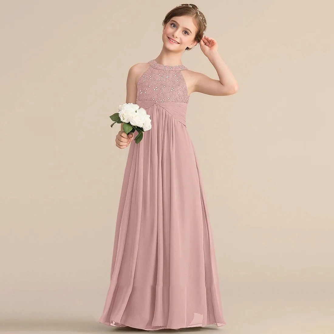 YZYmanualroom Chiffon Lace Junior Bridesmaid Dress With Beading A-line Halter Floor-Length 2-15T