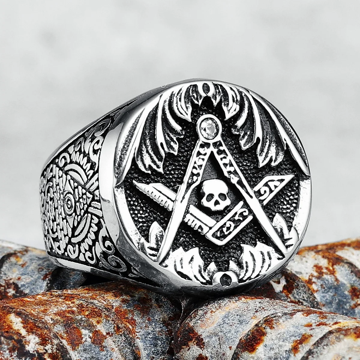 Masonic Skull Ring 316L Stainless Steel Men Eye of Truth Freemasonry Rock for Rider Male Boyfriend Jewelry Best Gift Wholesale