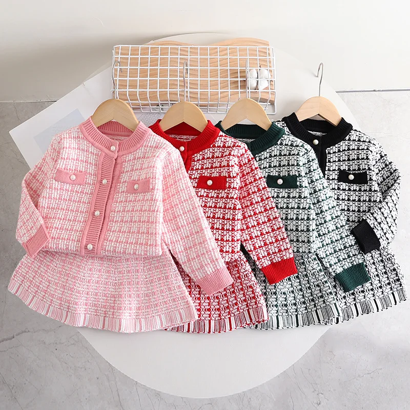 

Girls Dress Clothes Sets Spring Autumn 2023 Children Knitted Jackets Sweater Skirts 2pcs Party Suit For Baby Party Costume Kids