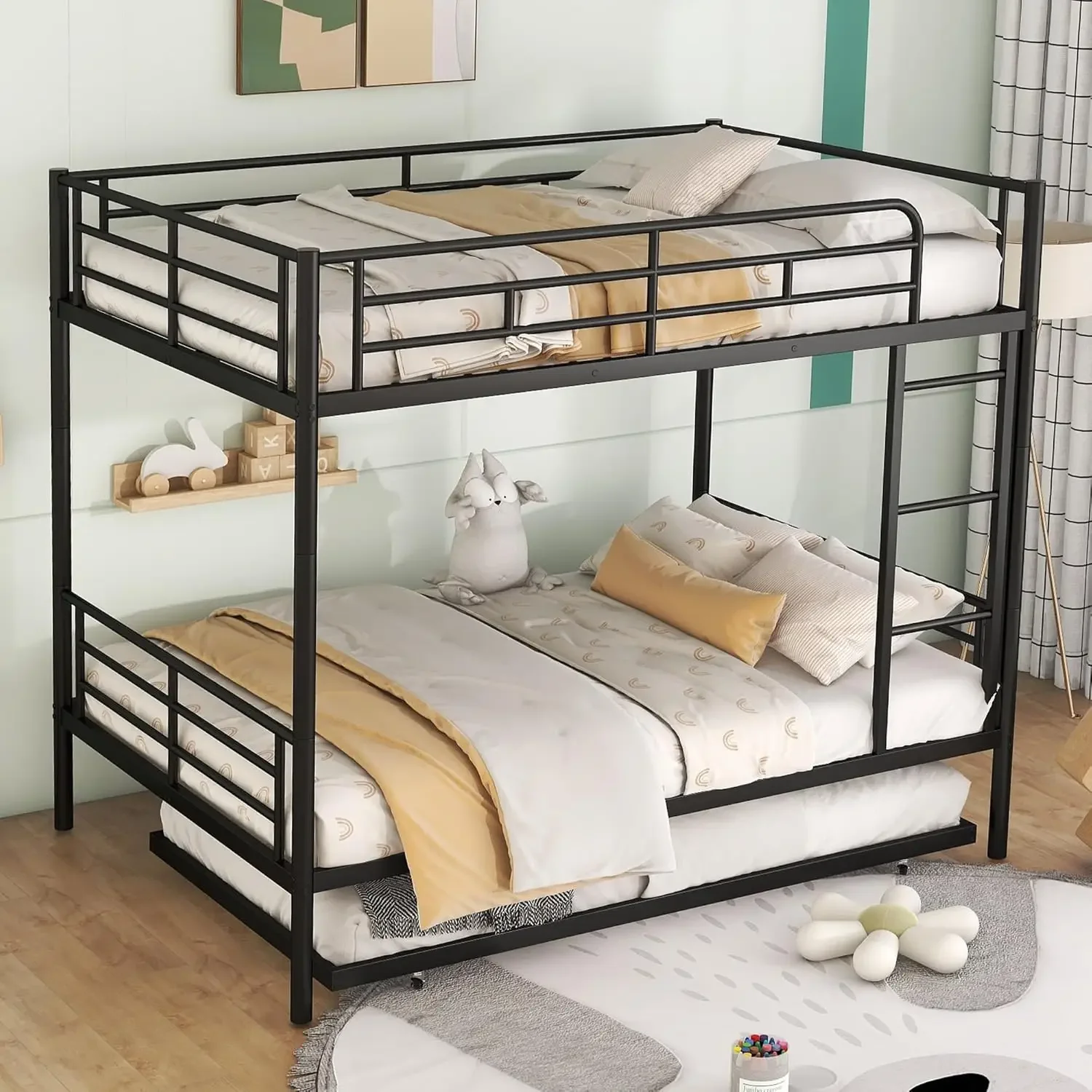 Full Metal Bunk Bed with Trundle, Full Size Bed Frame with Ladder and Full-Length Guardrail