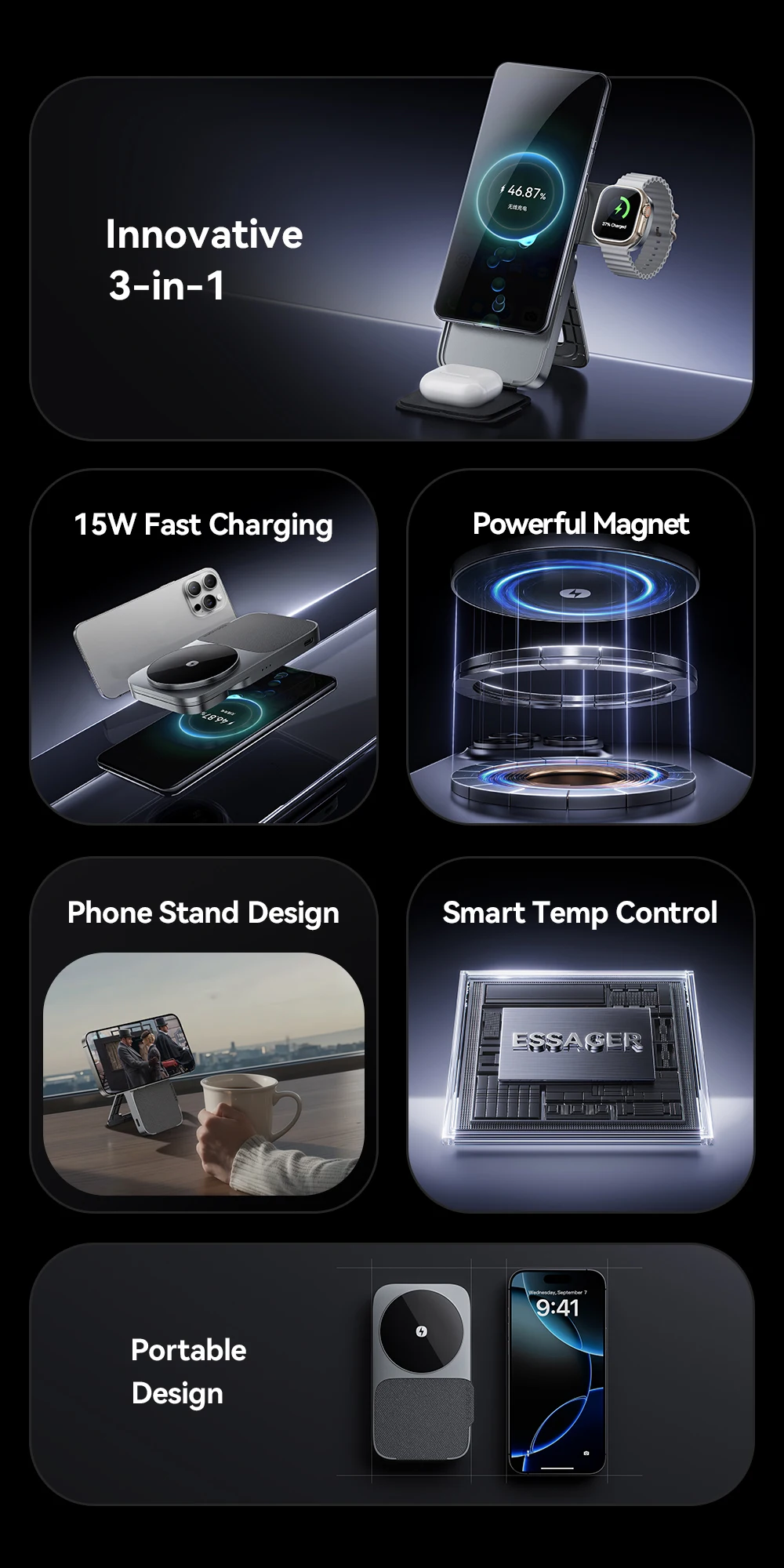Essager 3-in-1 Portable Folding Wireless Charger Stand 15W Magnetic for iPhone 1716/15 AirPods Apple Watch MagSafe Fast Charging