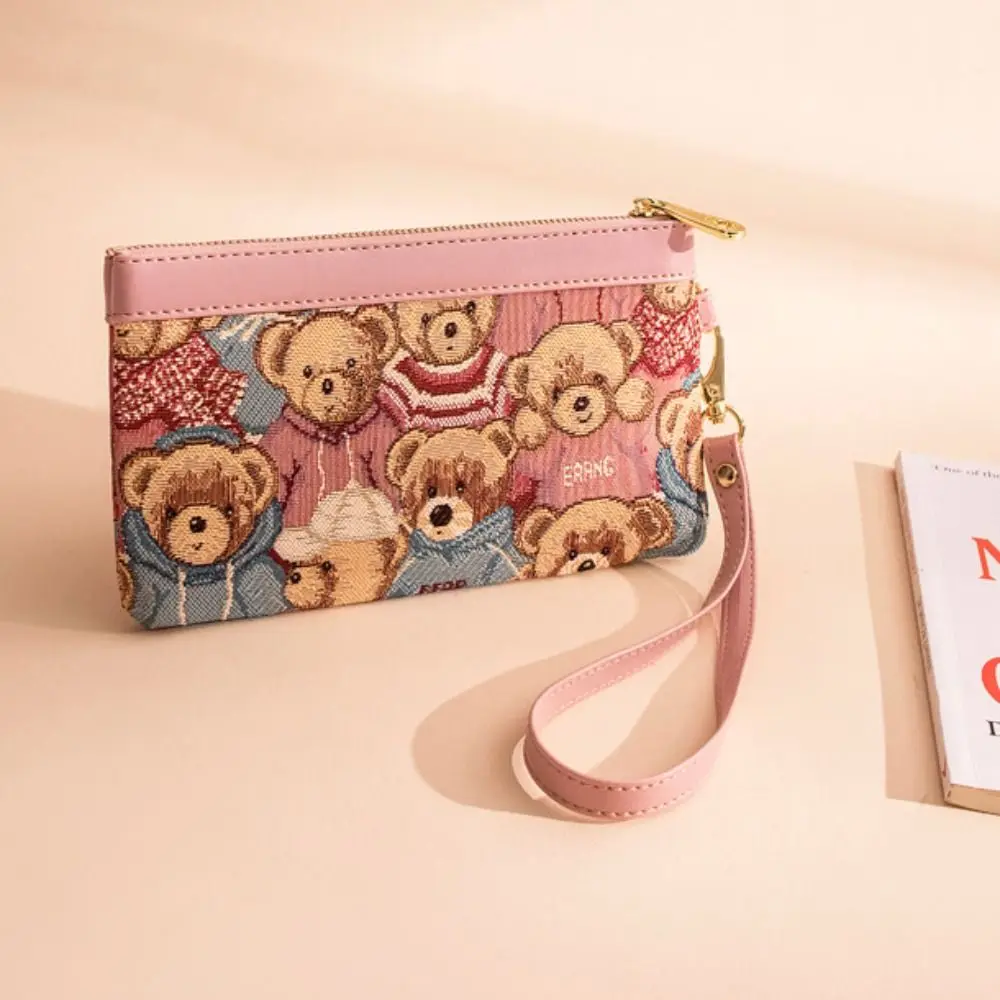 Bear Wallet For Female Male Letter Design Canvas Cartoon Coin Purse Contrasting Colors Mobile Phone Bag Women\'s Clutch Bag