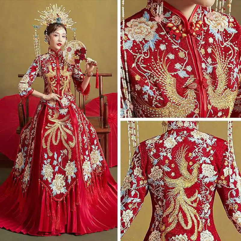 Vestido de noiva chinês para a noiva, vestido do verão, quimono, dragão Phoenix, vestido de noiva