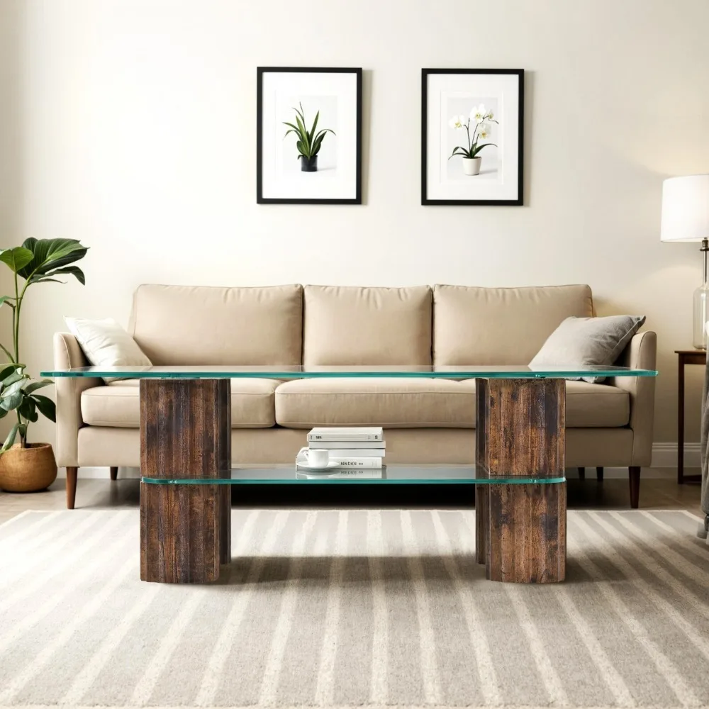 

Glass Coffee Table with Storage Shelf, Small Modern Rectangular Center Ta