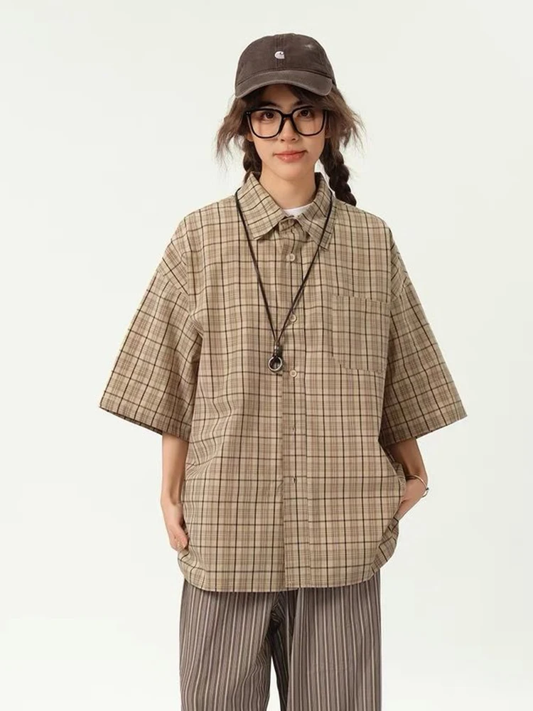 

Zoki Women Harajuku Plaid Shirt Loose Short Sleeve Vintage Oversize Blouse Japan Streetwear Female Summer Pocket Bf Retro Tops