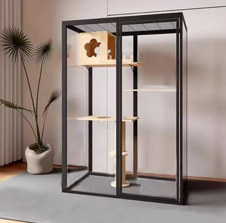 

Custom Black Anodized Aluminum Frame Cat House Large Space Panoramic Luxury Indoor Cat Climbing Cabinet