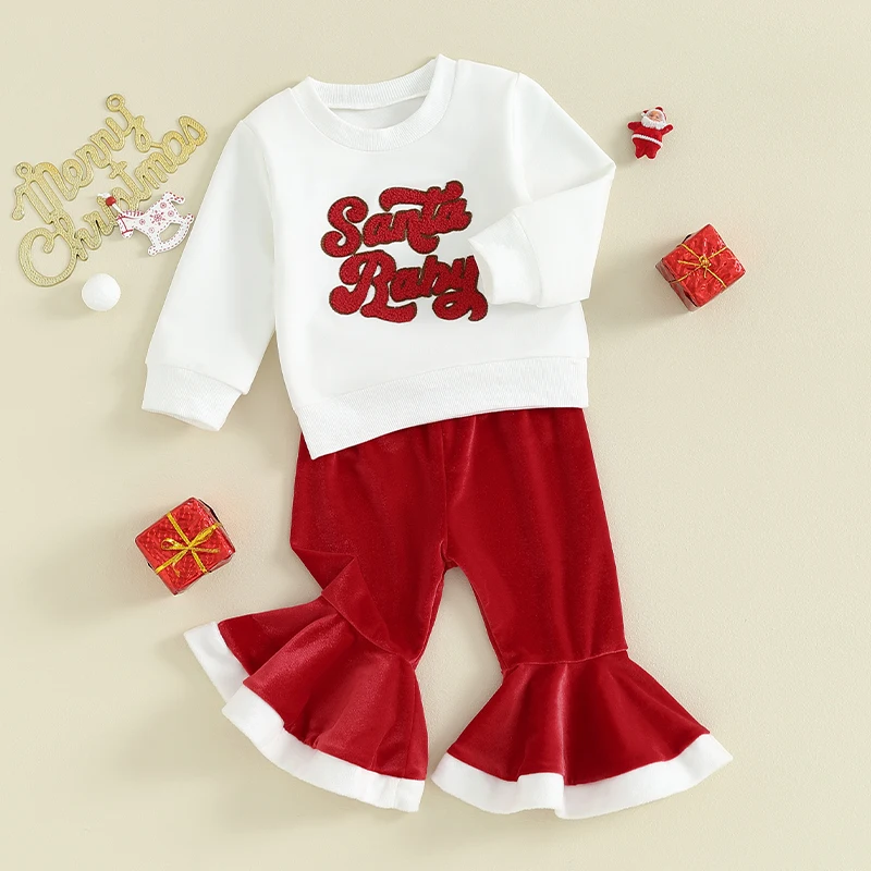 Ensemble de tenues de Noël 2 pièces pour tout-petits, sweat-shirt à manches longues, pantalon évasé en velours, vêtements de fête pour bébé fille