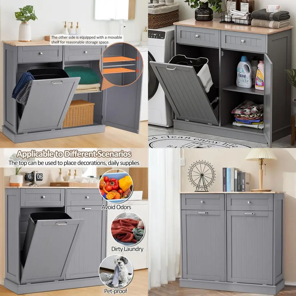 

13 Gallon Hidden Kitchen Trash Cabinet with Recyclable Storage for Living Room, Grey
