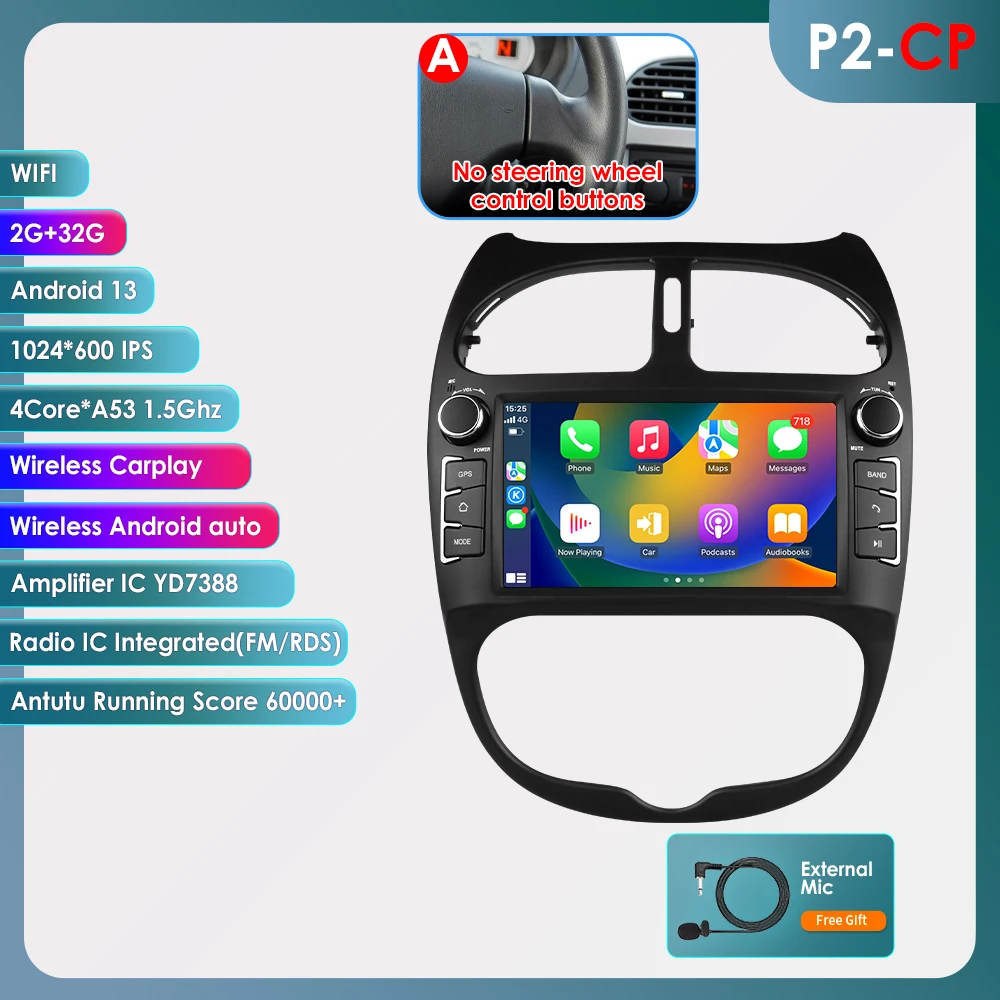 Hizpo 7 inch 2Din Android Autoradio Voor Peugeot 206 206CC 206SW 2000-2008 Multimedia Speler navigatie GPS Carplay 4G DSP RDS BT