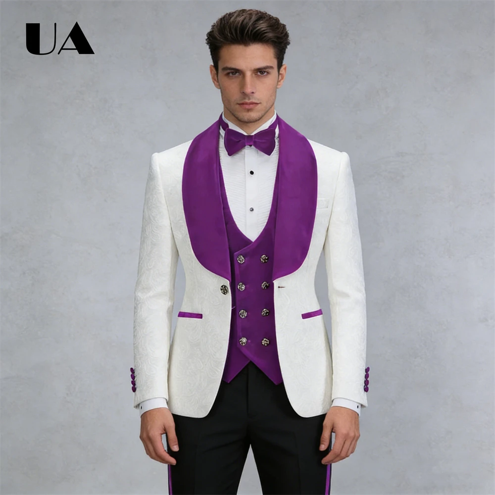 

ULBYANRY Paisley Three Piece Formal Suit with Velvet Collar and Waistcoat, XXS-7XL Shawl Slim Fitting Wedding Groom Suit