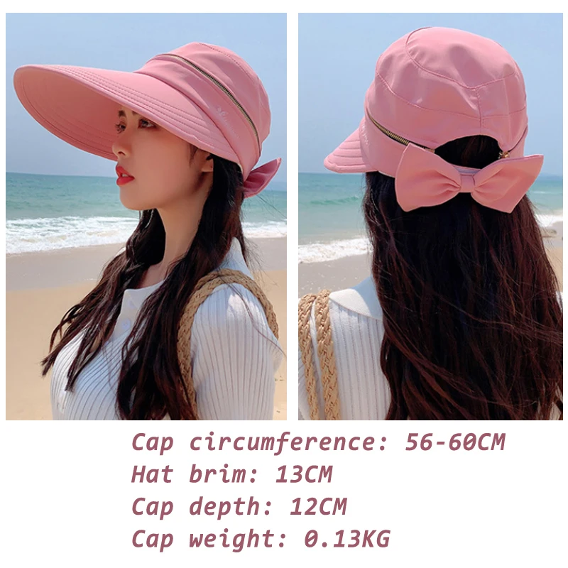 Women\'s Summer Hat Removable Cap Top with Zipper Empty Top Hat Cycilng Anti-UV Sun Hats Ladies Foldable Big Brim Hat Visor Caps