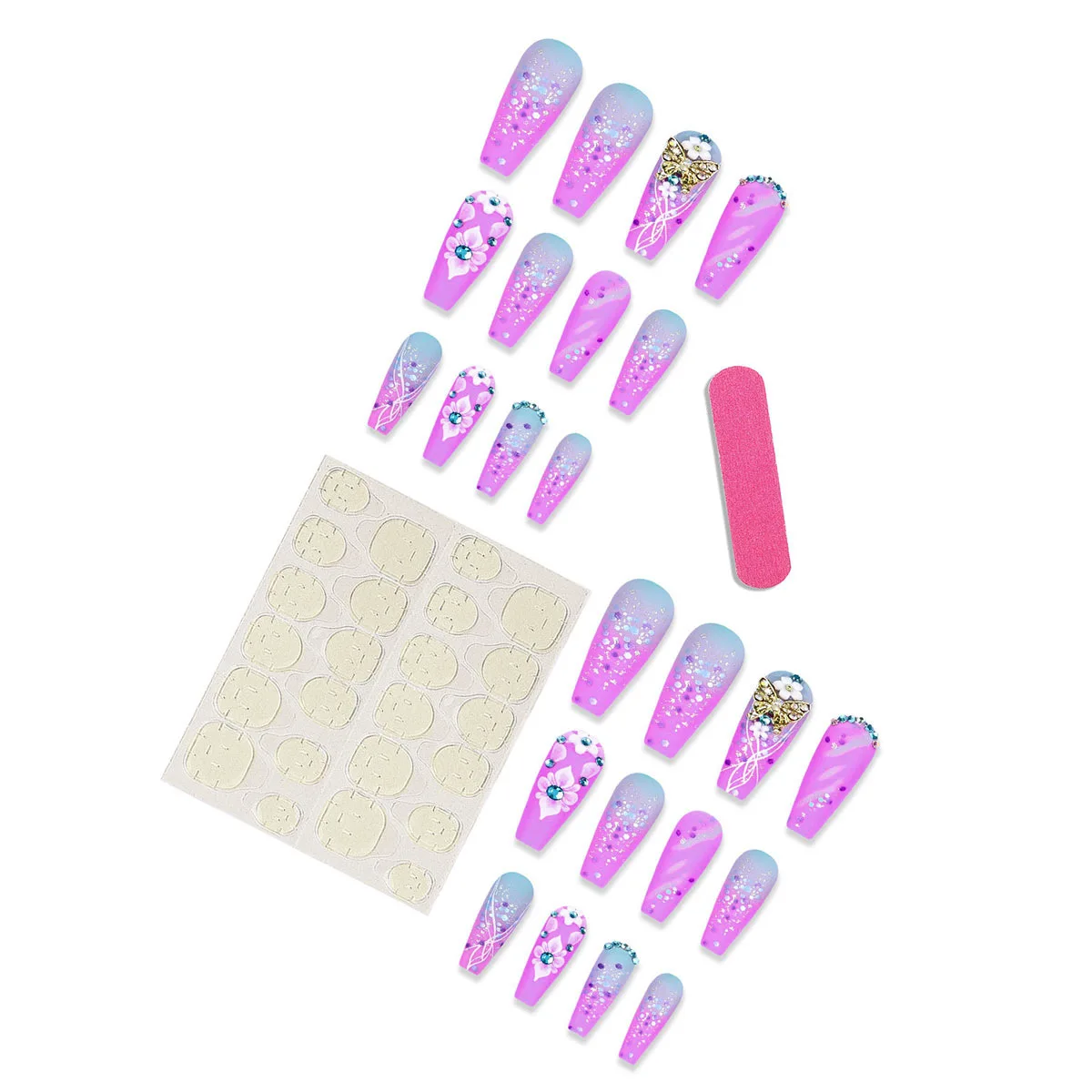 Long Press on Nails Coffin Glitter French Tip Nails Rainbow Ombre False Nails with Camellia Rhinestones Press ons Acrylic Nails