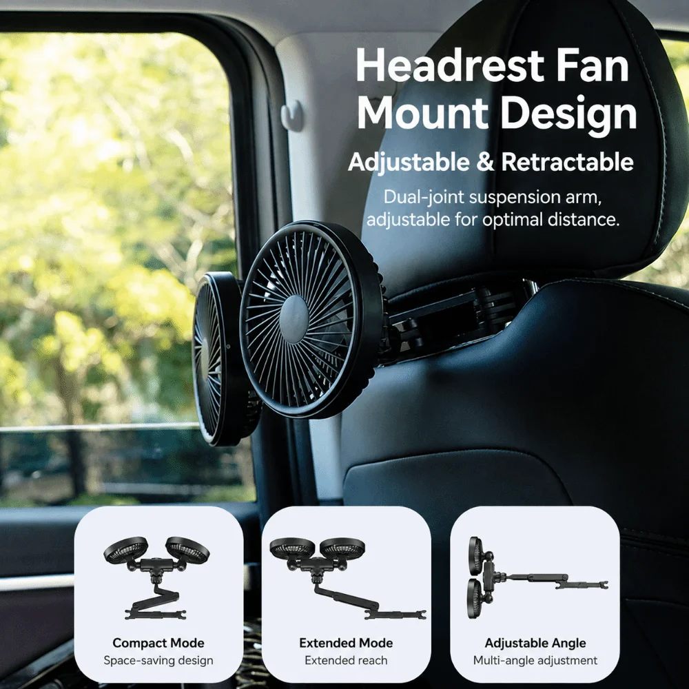 Dual Head Car Backseat Fan 360° Rotatable Multi Angle Adjust Portable Car Fan Strong Air Flow Easy Install USB Car Fan