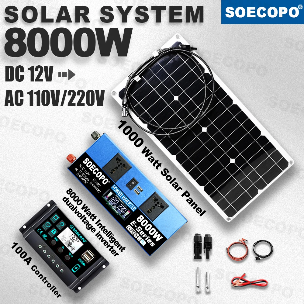 

8000W Peak Solar System Kit 1000W Panel DC12V/24V AC110V 220V Inverter 100A Controller Complete Off Grid For Camp Home charger