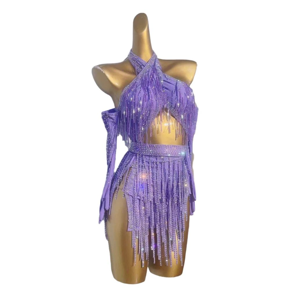 Latin Dance Costume High-end Custom Purple Hanging Neck and Exposed Waist Samba Art High Flash Rhinestone Flower Costume