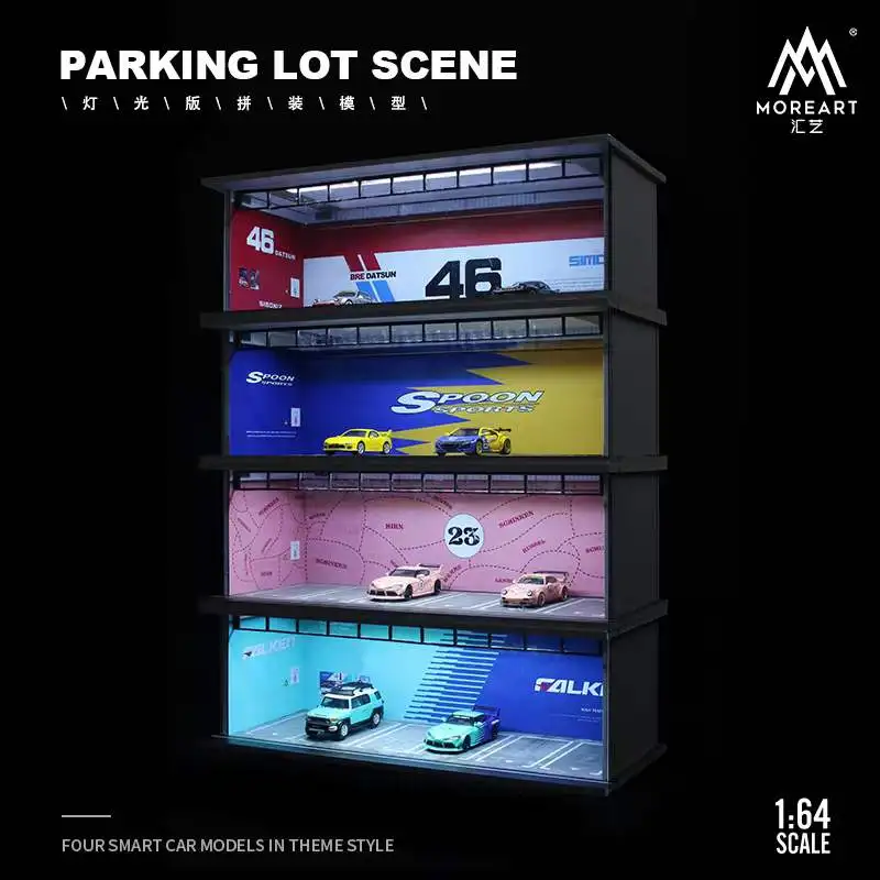 

More Art 1:64 Diorama display box parking lot Datsun Spoon PinkPig Falken by Time Micro