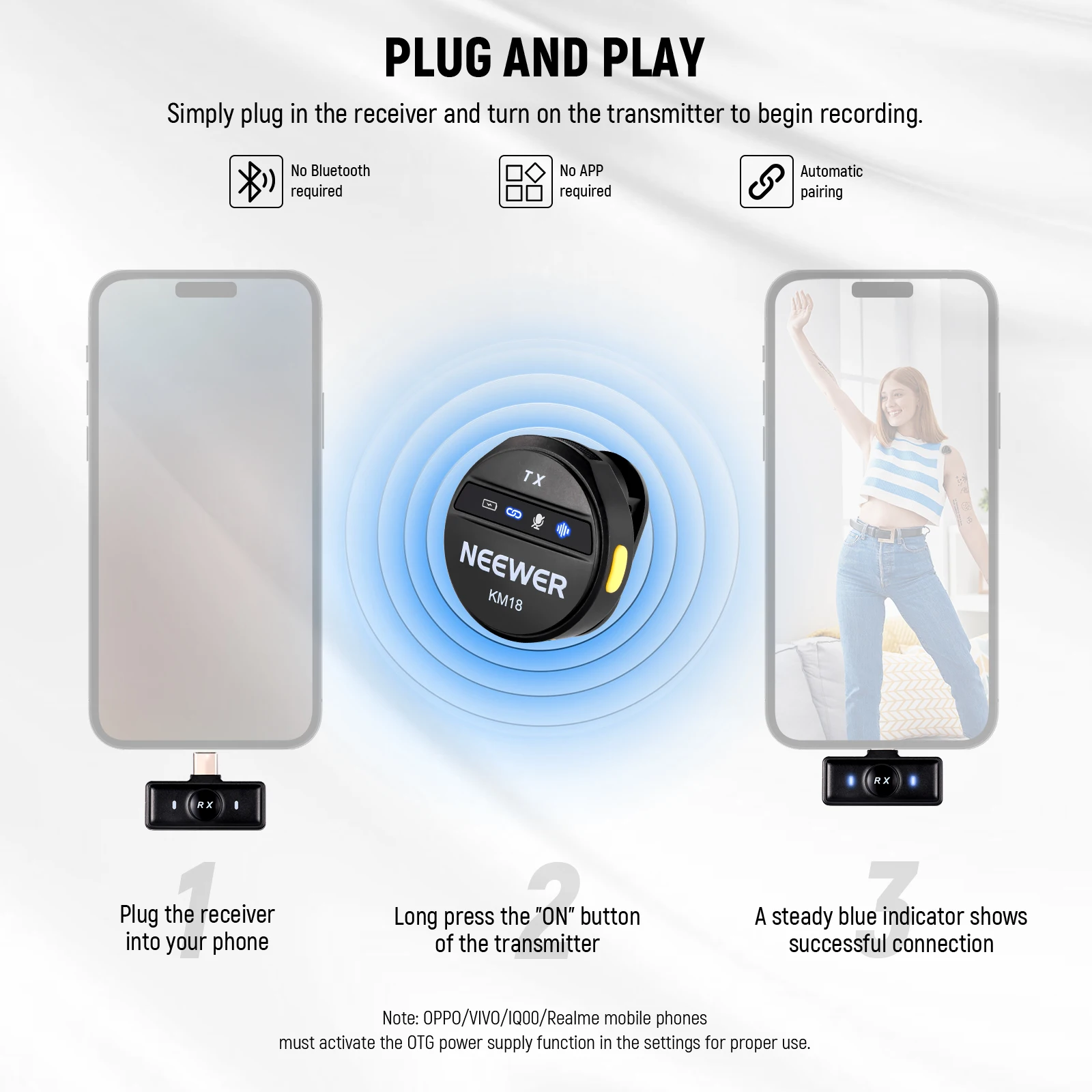 iPhone 15/Android/노트북 소음 차단 24H 배터리 용 충전 케이스가있는 USB C 용 Neewer KM18 무선 라 발리에 마이크