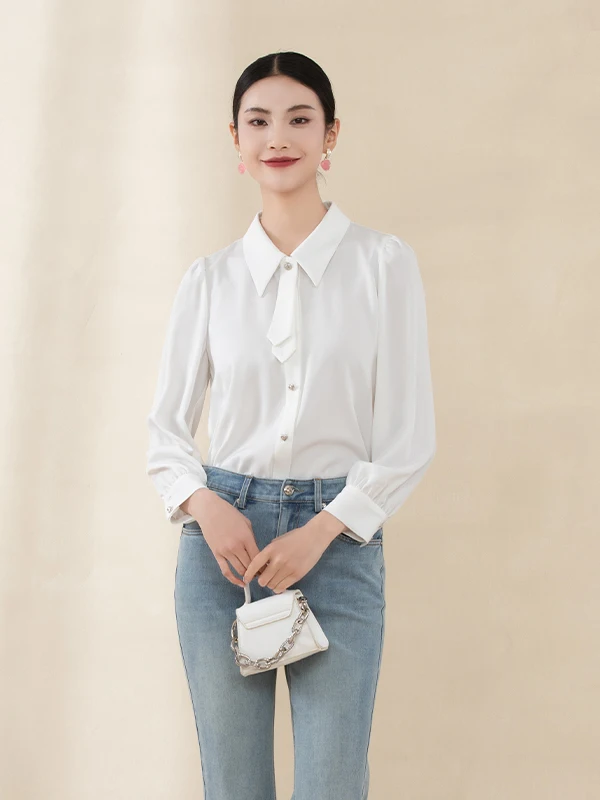 

Poem Dr Women's White Long Sve irt Detachable Sa Heart Rhinestone Button Commute Versatile Acetate Top French Sle...