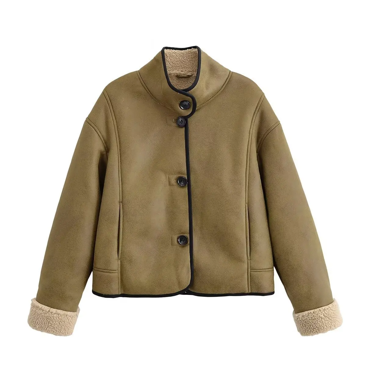 

Fall Winter Street Fashion Suede Parka Casual Stand Collar Jacket Single-Breasted Pockets Loose Fit Outwear Warm Women's Jacket