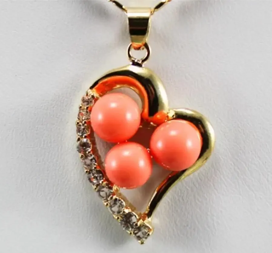 

Fashionable and lovely gold plated heart + 8mm Coral Pink Shell Pearl Pendant Necklace