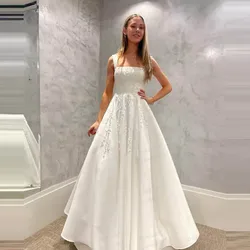 Elegant Appliques Wedding Dresses A Line Woman's Square Collar Sleeveless Bride Gowns Formal Satin Vestidos De Novia Customized