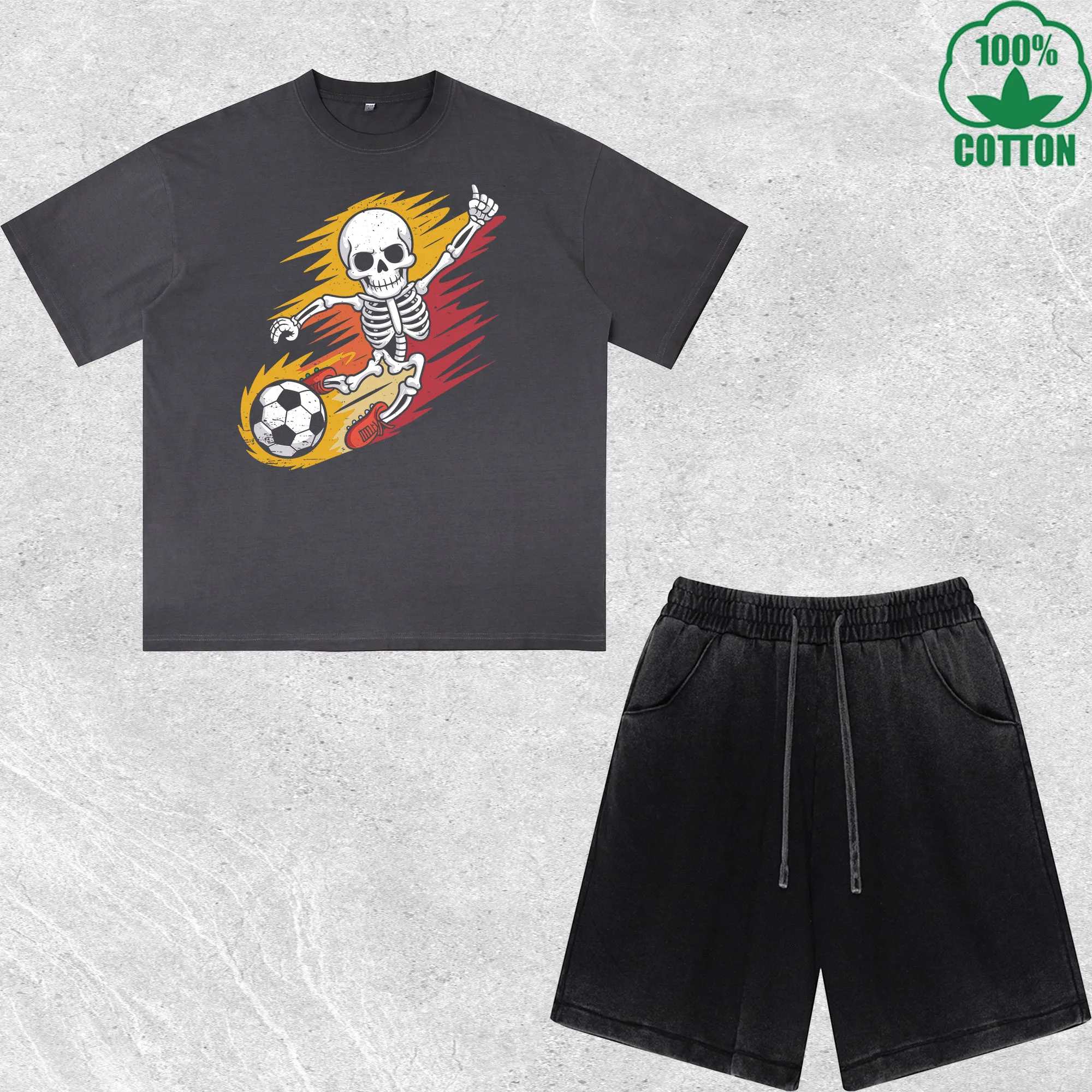

Soccer Skull Printed Dirty Wash T-Shirt Shorts Set Multicolor Combo Loose Trendy Fashionable 100%Cotton