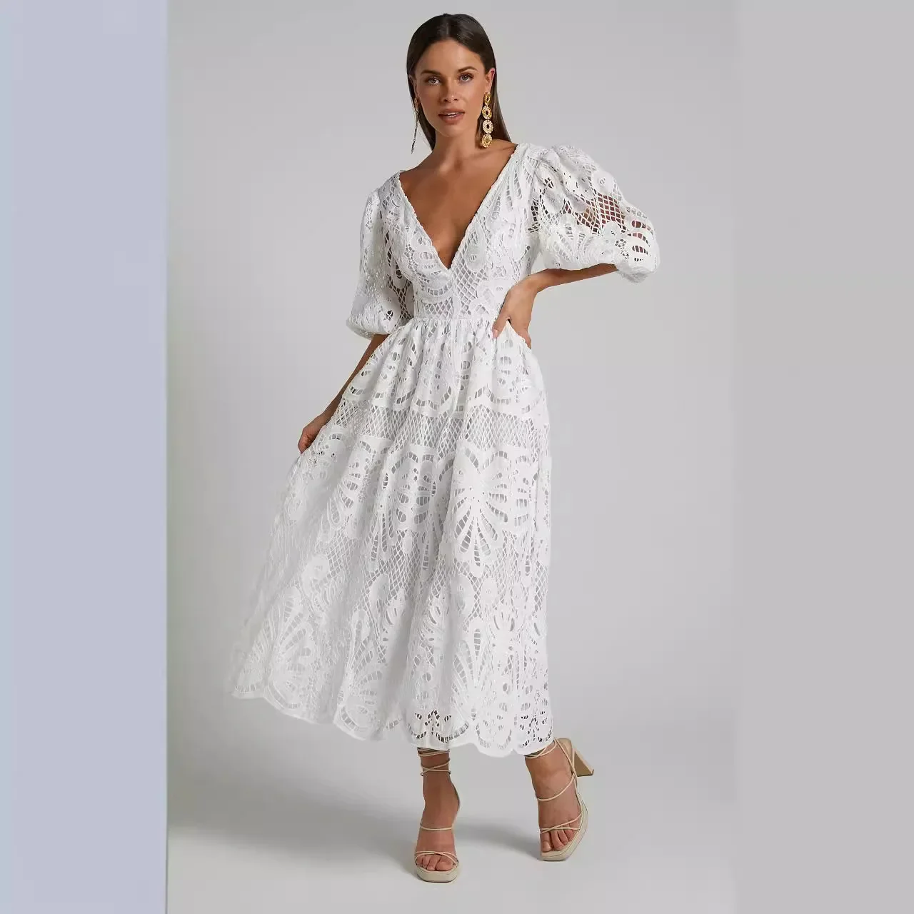 

Women Sexy Beach Dresses 2024 Swimwear Boho Bikini Cover Up Kimono Half Sleeve Robe Dress Flower Printing V-Neck Maxi Dress