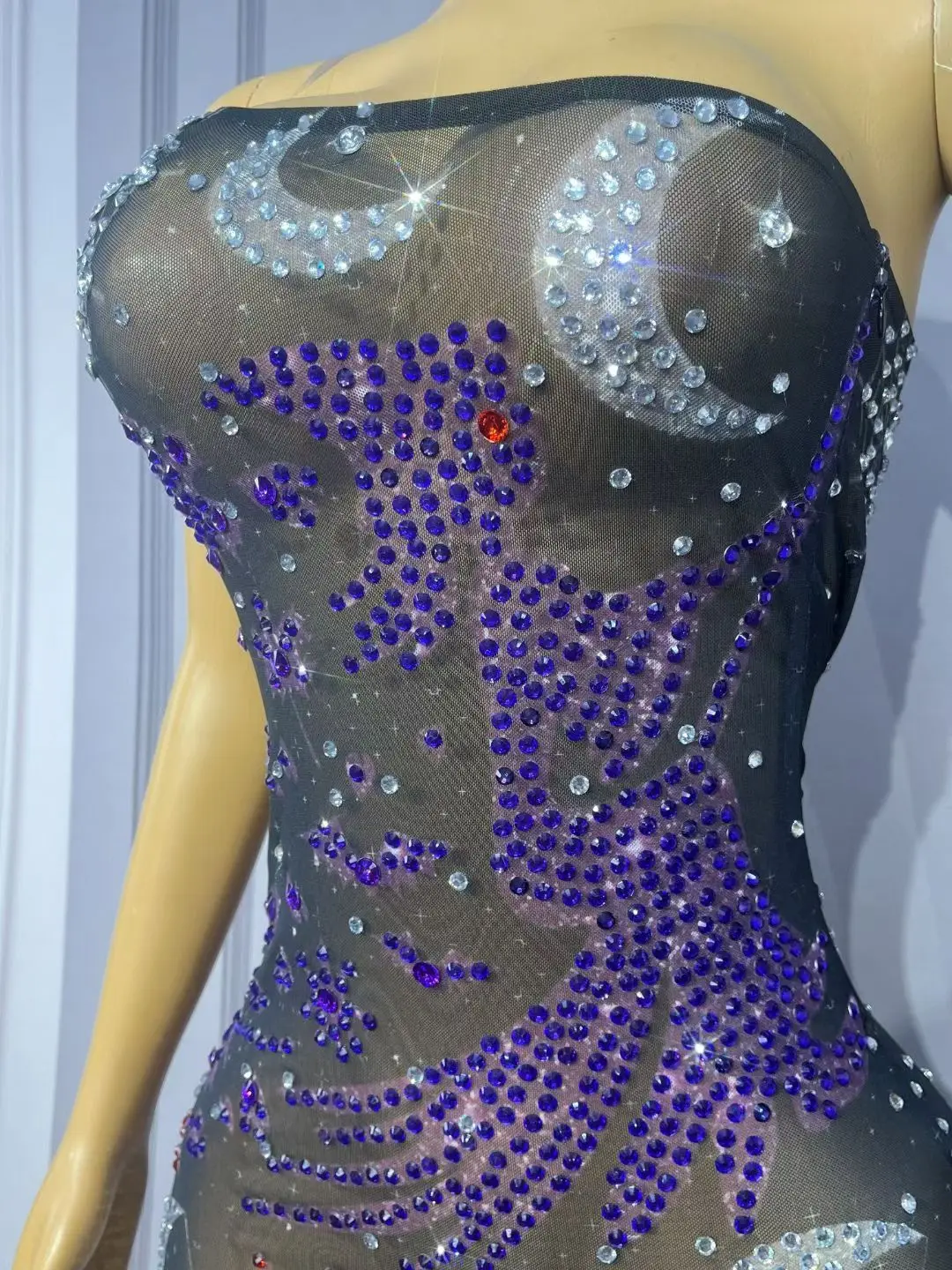 Nvwu Elegante Frauen Abendkleid mit Schrägen Schultern Ärmeln Sexy Schwarz Mesh Strass Schlitz Kleid Bar Tänzerin Leistung Kostüm