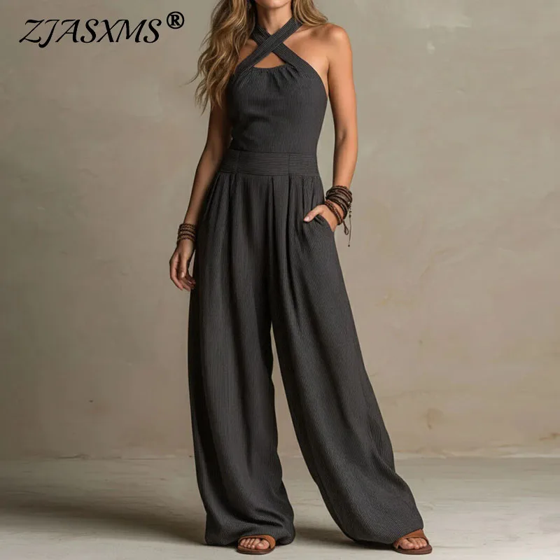 

Women's Halter Neck Jumpsuit Crisscross Front Sleeveless High Waist Wide Leg Romper Casual Solid Ribbed Pockets One-Piece Outfit