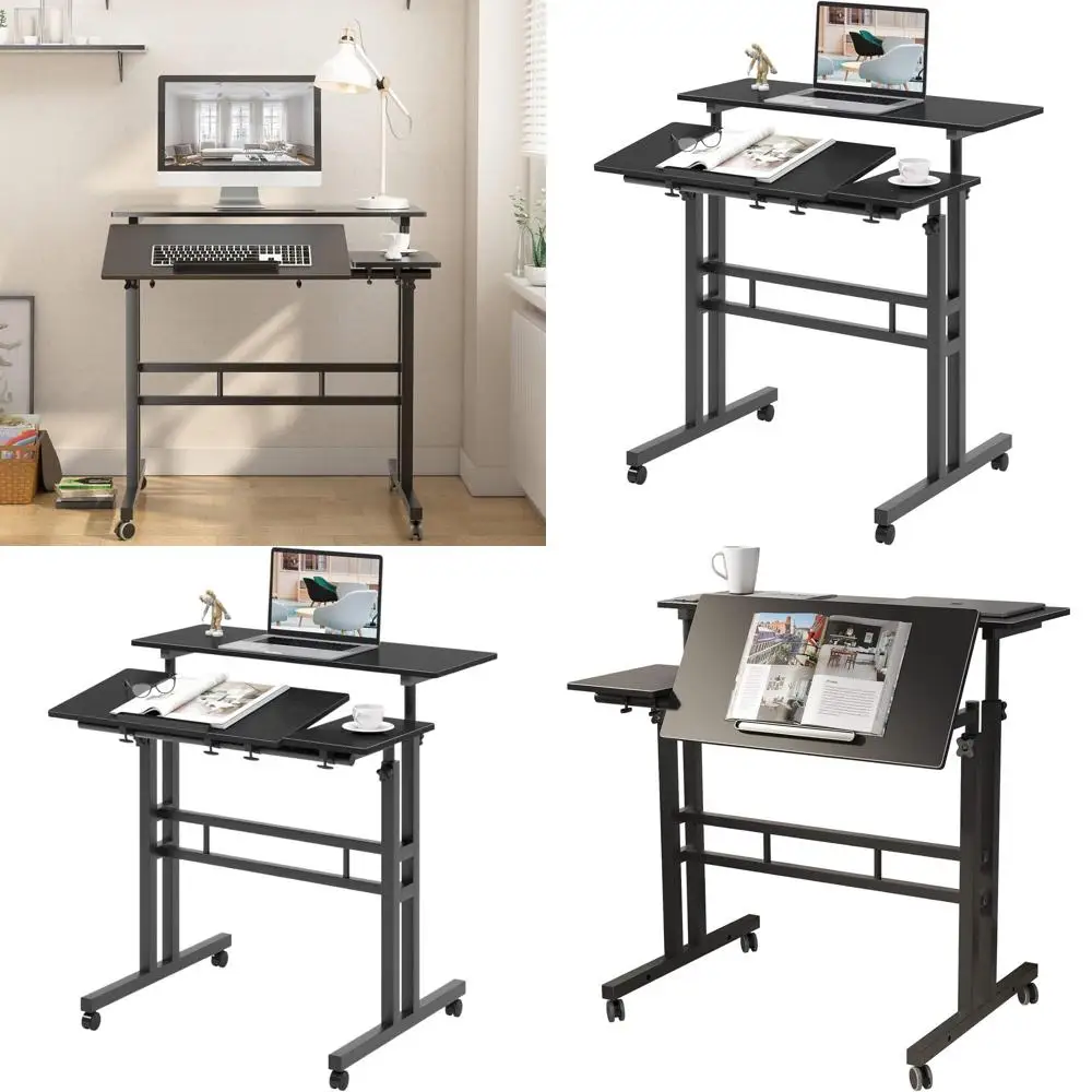 

Black Adjustable Height Rolling Desk, 31.5L x 23.6W, Standing Desk Converter, 26.4-45.3H