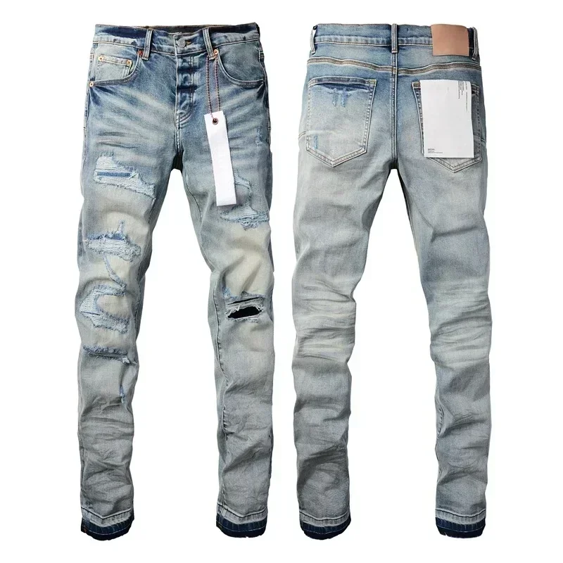 

New Fashion Purples jeans man with distressed hole patches Fashion brand Repair Low Rise Skinny Denim pants 28-40 size