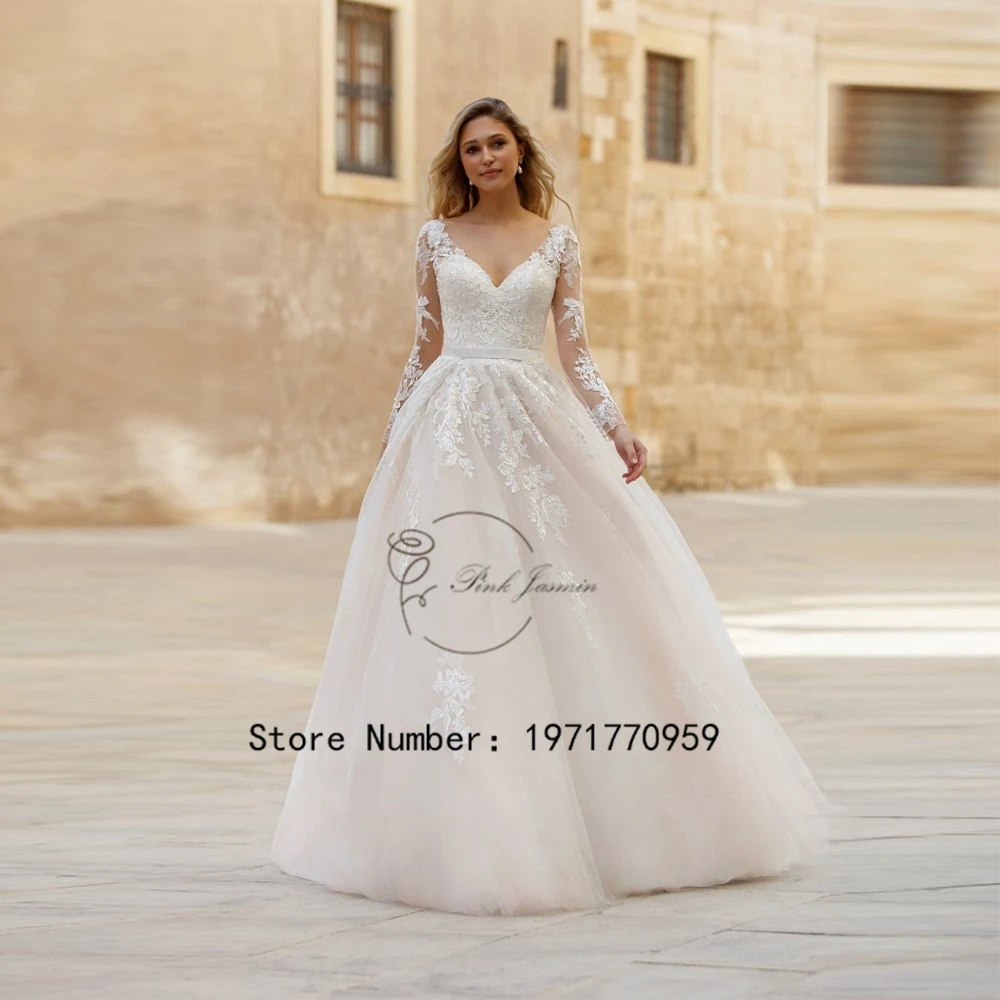 

Elegant V-Neck Wedding Dresses For Women Bride Backless Long Sleeves Bride Gowns Applique A-Line vestido de noiva 2024