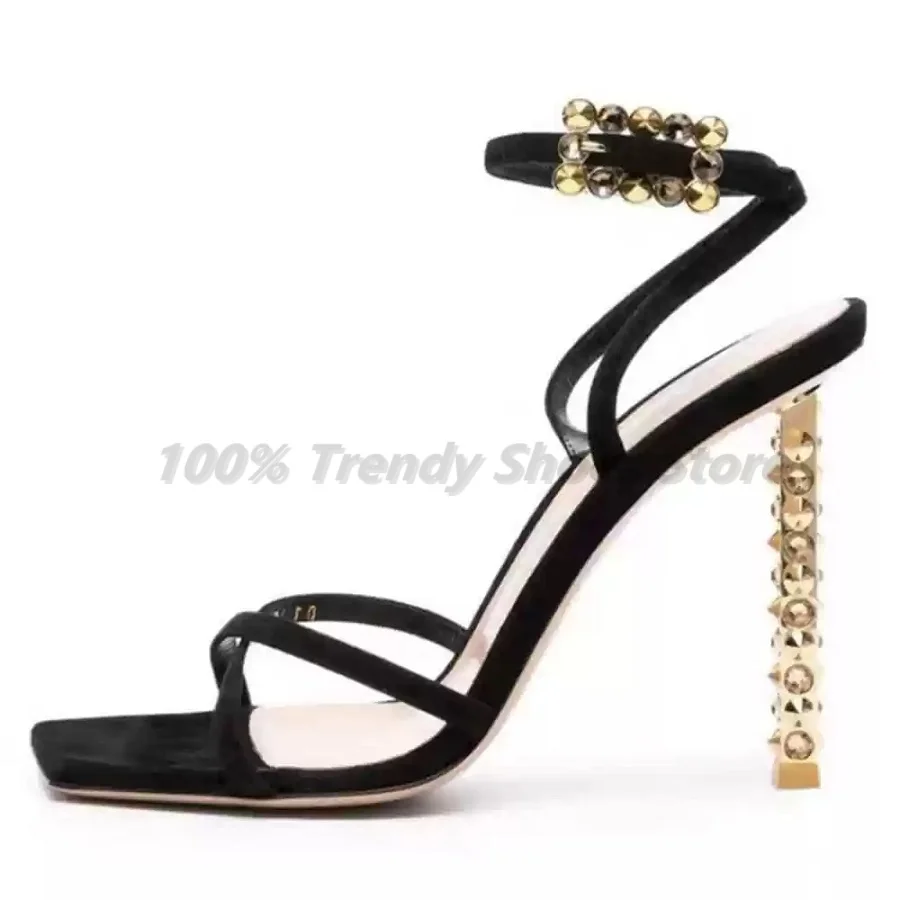 

Black Striped Sandals For Women New Style With Rivets Square Buckle Heel Rhinestones Sexy High Heels