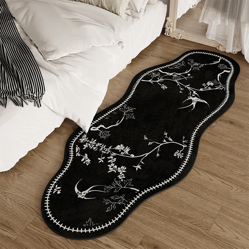 Tapis de chambre confortable à boucles, tapis de sol rétro, tapis de chevet long de forme irrégulière, tapis décoratif à motifs floraux pour la maison