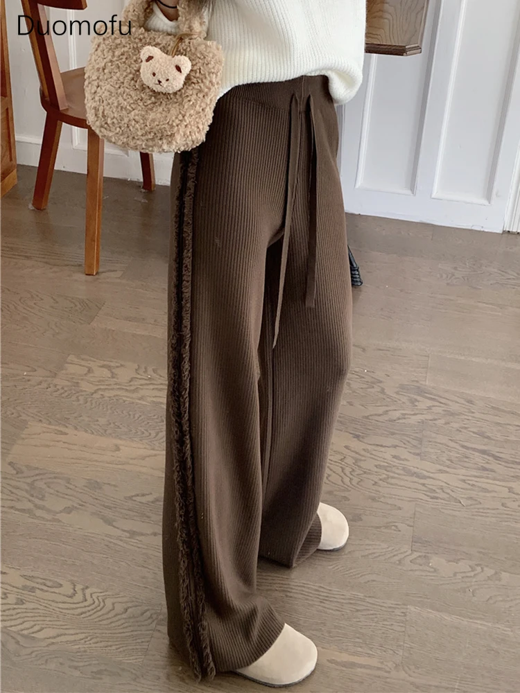 Duomofu Chicly Drawstring High Waist Street Tassels Women Pants Spring Loose Straight Fashion Full Length Female Wide Leg Pants