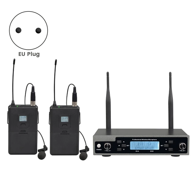 Professional Dynamic Lavalier Microphone with Receiver One-to-Two Mic Stage Singing KTV Audio Karaoke System EU Plug-A51M