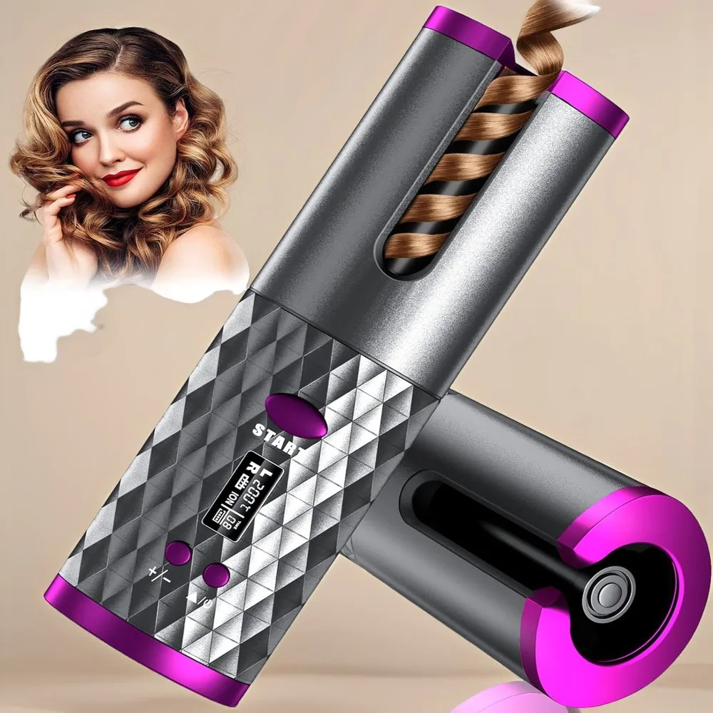 Portable Wireless Hair Curling Iron, Rechargeable Fast-Heating Automatic Rotating Curler with Anti-Scald Technology, 1 Inch Cera