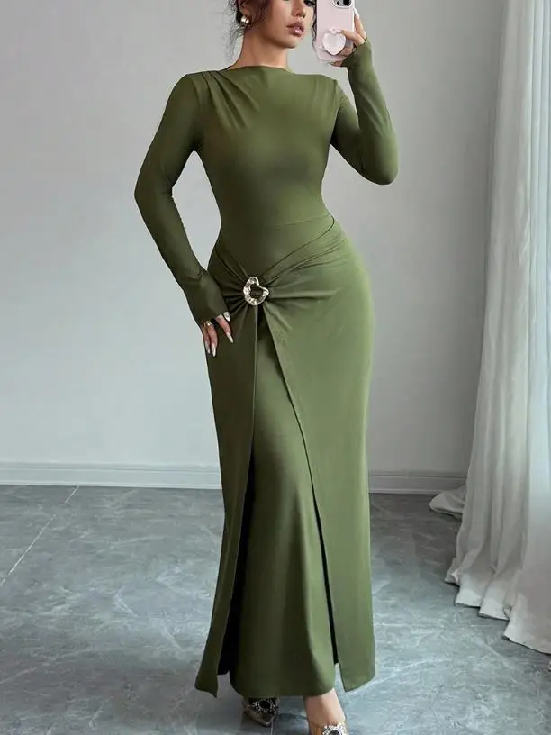 여성 드레스 2025 가을 단색 긴 소매 힙허깅 스커트 니트 슬림핏 드레스 우아한 여성용 드레스