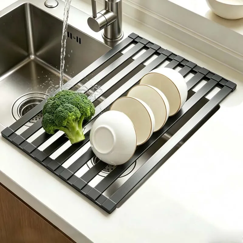 304 Stainless Steel Kitchen Sink Drain Rack Foldable Dish Drainer  Sink Bowl and Dish Storage  Drying Storage Shelf