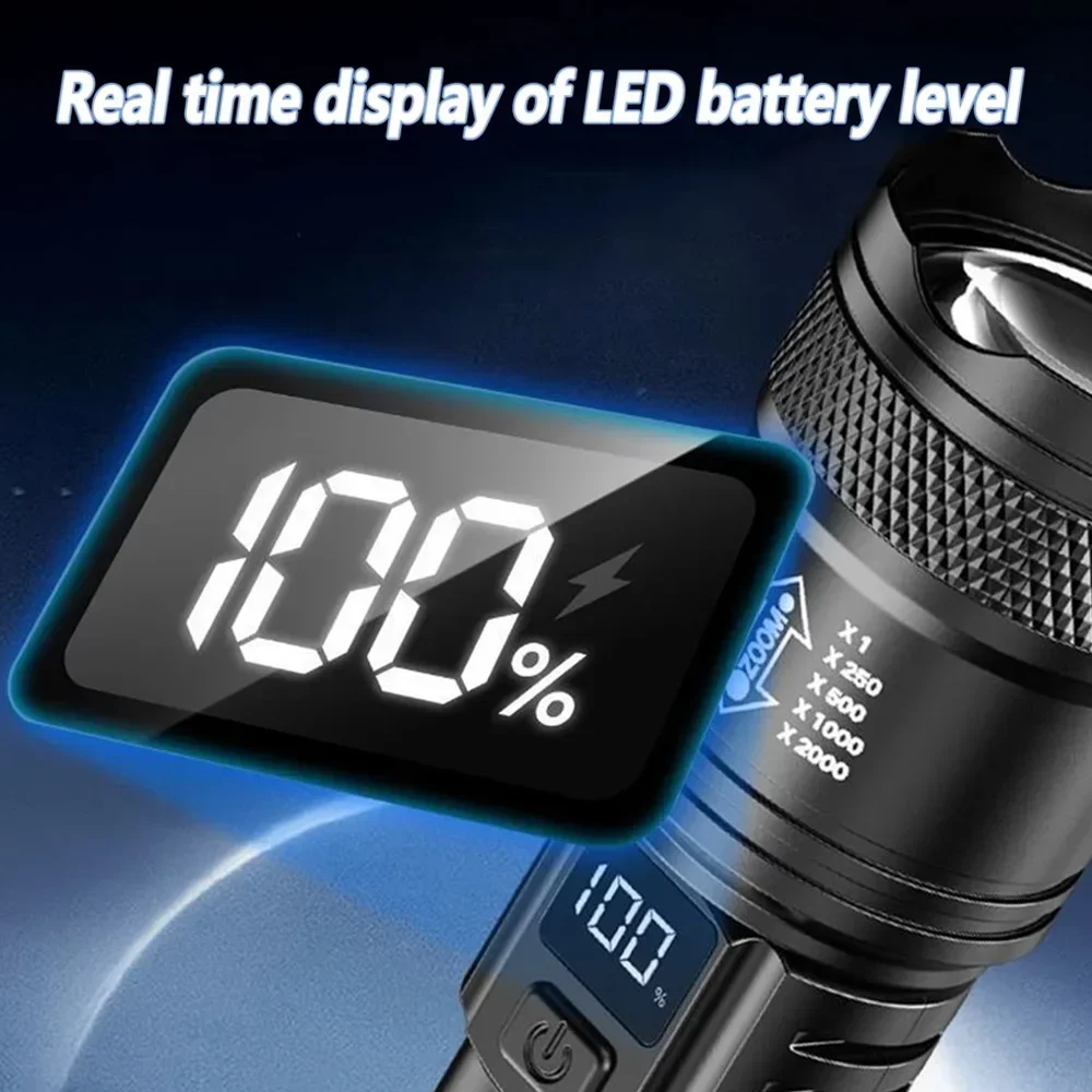 Hochstarke LED-Taschenlampen, 2000 lm, taktische Taschenlampe mit Display-Licht, USB-Aufladung, Camping, Angeln, Notfall-Zoom-Laterne