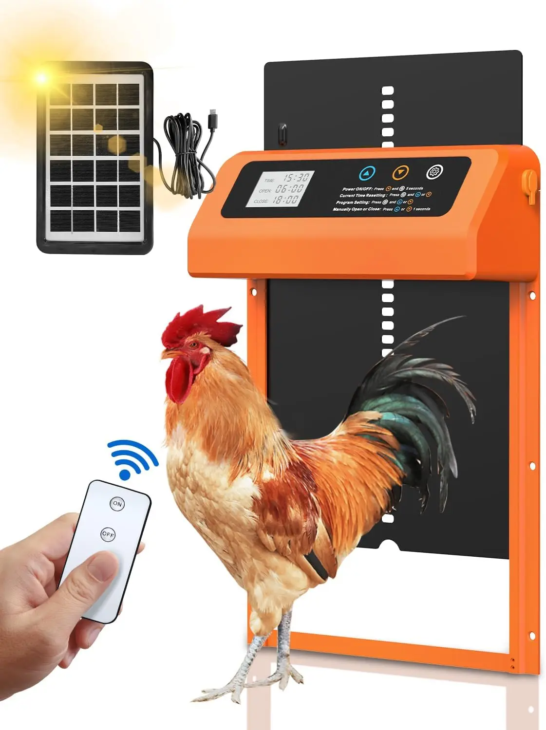 

Solar Powered Automatic Chicken Door with Timer, Anti-Pinch, Durable Aluminum Auto Chicken Door, Charge with Solar Panel (Orange