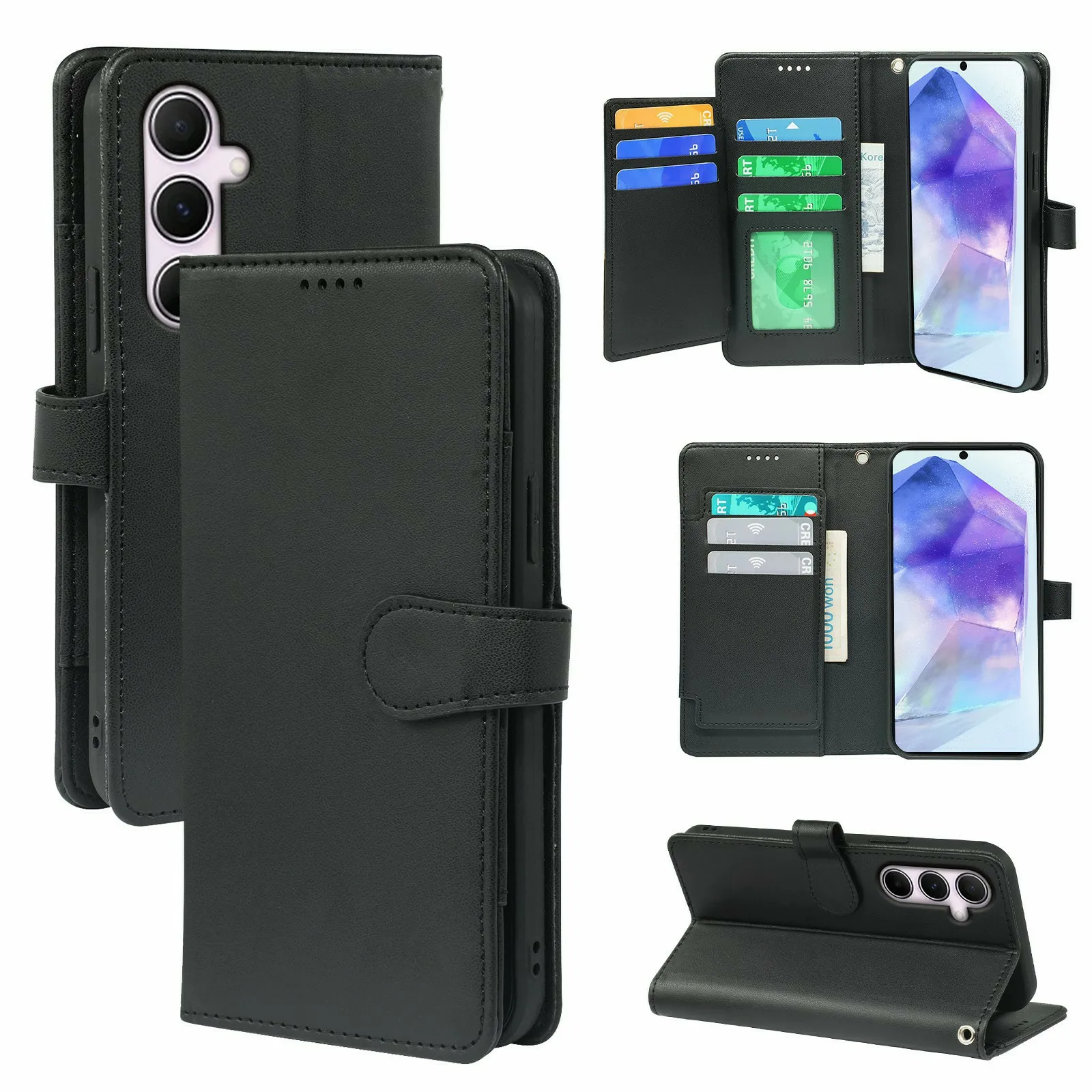 For Samsung Galaxy S26 FE Case with 9 Card Slots PU Leather Stand Phone Cover - Black