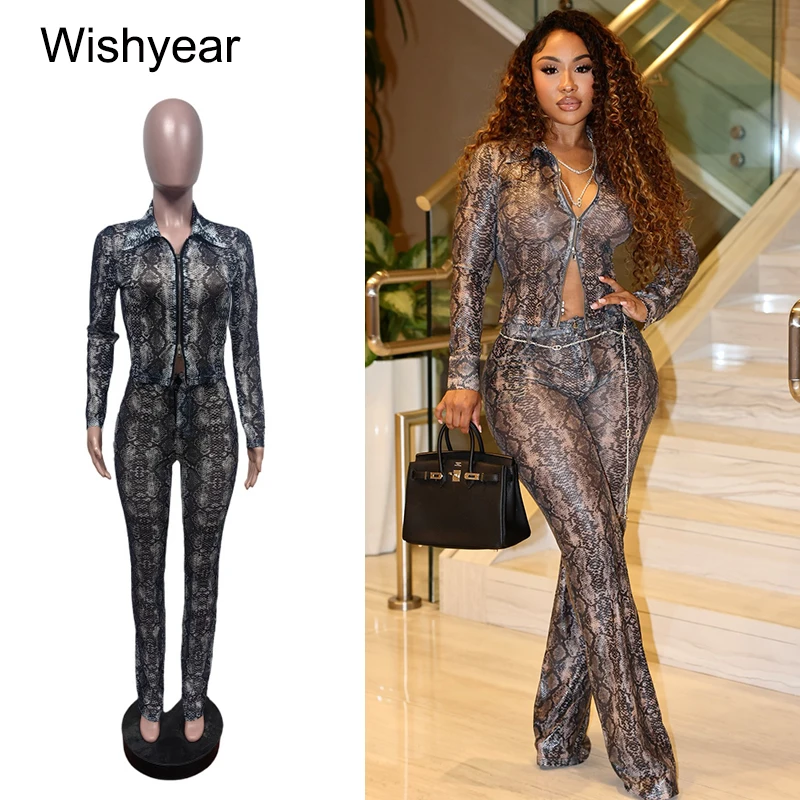 مثير النادي الليلي الأفعى نمط 2 قطع النساء مجموعة كم كامل المحاصيل بلوزات وسراويل كلوبوير نحيل منتصف الليل ملابس الحفلات Y2K