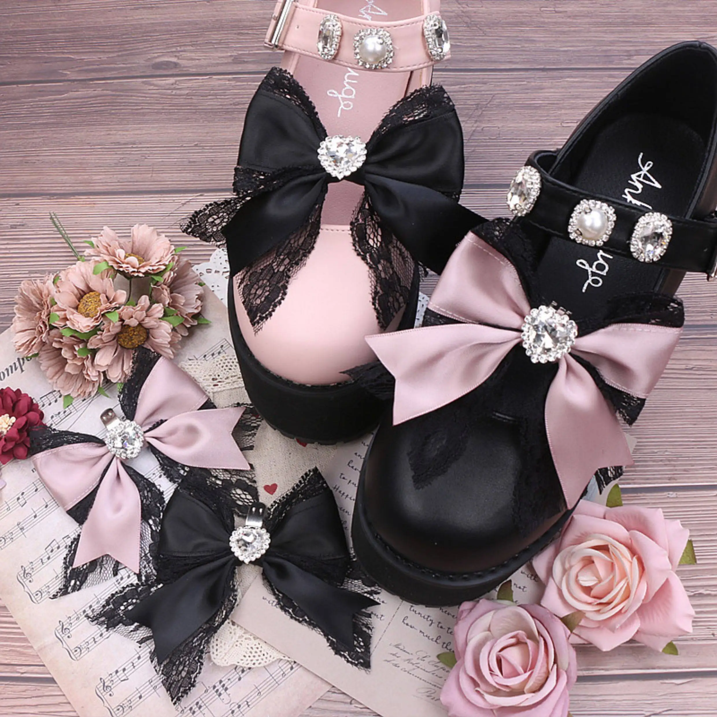Original Handmade Sweet and Cute Heart-shaped Rhinestone Love Big Bow Lace Shoe Clip Shoe Buckle Shoe Accessories for Women