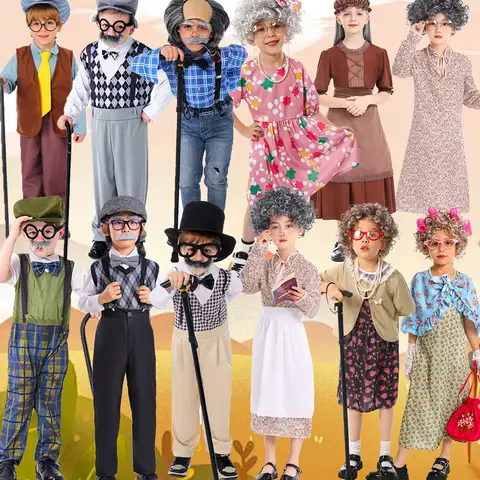 Old Man Old Lady Costume Grandpa Grandma Cosplay Outfit 100 Days of School Halloween Role Play Fancy Dress for Little Ones