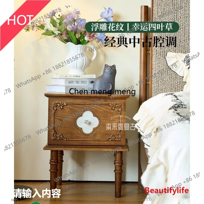 

M46 прикроватная тумбочка для спальни из цельного дерева во французском стиле ретро, американский резной домашний черный шкафчик